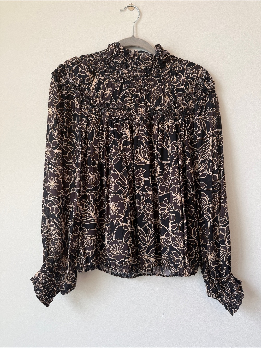 NICHOLAS Floral Ruffle High Neck Sheer Blouse Top